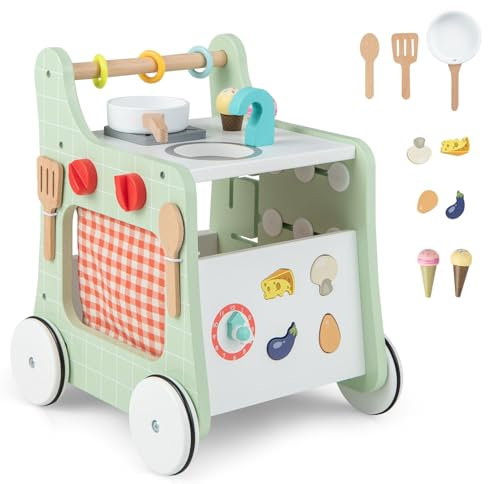 DREAMADE Lauflernwagen Holz, 6-in-1 hölzerne Lauflernhilfe, Baby Walker mit Blöcken & 9 Teilen Zubehör, Lernlaufwagen & Aktivitätszentrum, Kinderküche-Spielzeug für Kleinkinder ab 1 Jahren (Grün)