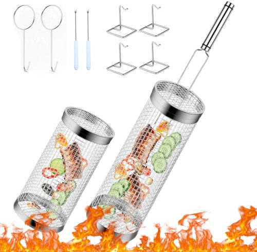 XPJBKC Cestino per Grigliare Rotante, 2 Pcs Cestini per Barbecue Rotondi con Forchetta e Gancio e Graffette, Tubo a Rete In Acciaio Inox per Barbecue per Carne, Pesce, Verdure (20/30 cm)