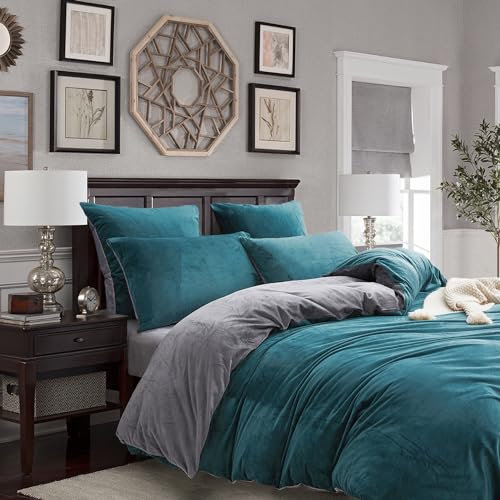 Plüsch Bettwäsche 135x200cm 4Teilig Petrol Blau Grau Winter Warmer Bettbezug Fleece Kaschmir Flanell Flauschig Samt Touch 2 Bettbezug Mit Reißverschluss und 2 Kissenbezug 80x80cm