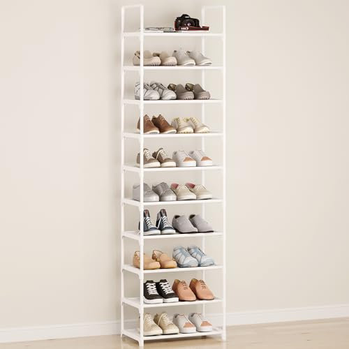 Hockmez 10-Tier Tall Shoe Rack, Adjustable 20-25 Pairs Shoe Shelf Storage Organizer for Entryway Hallway Closet Bathroom Living Room (White)