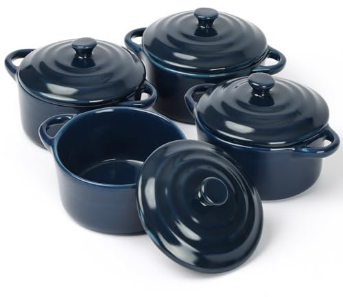 WELTOKE Juego de 4 mini cacerolas de cerámica, 170 ml, pequeñas con tapa y asas, mini cacerola con tapa, cazuela pequeña para lasaña, soufflé, horno, microondas y lavavajillas
