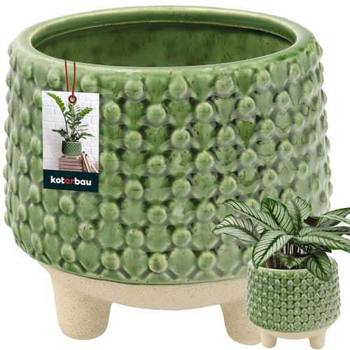 KOTARBAU® Blumentopf mit Füßen Grün Pflanzkübel Keramik Höhe 14 cm ⌀ 16 cm Blumentopf Gross draussen & drinnen Pflanzentopf Pflanzgefäße für Wohnzimmer Blumen Übertopf Blumentopf Pflanzgefäß