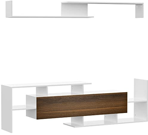 HOMCOM Muebles de Salón Conjunto Muebles de TV para Televisiones de Pared hasta 65 o de Pie hasta 40con Mesa para Televisor 153,6x25x42 cm y Estante de Pared 150x14,5x16,3 cm Blanco y Marrón