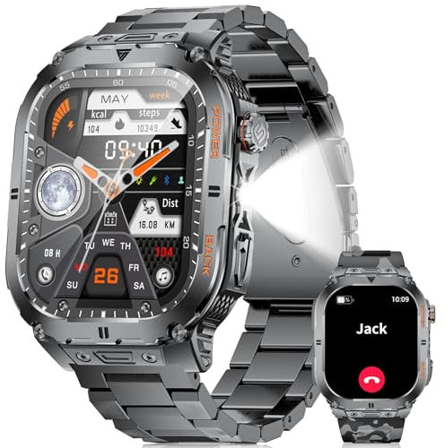 LIGE Militaire Montre Connectée Homme, 2.13'' AMOLED Smartwatch Homme avec Appel Bluetooth, LED Lampe, 450mAh, 110+ Modes Sportifs, 24/7 Fréquence Cardiaque SpO2 et Sommeil Moniteur pour Android iOS