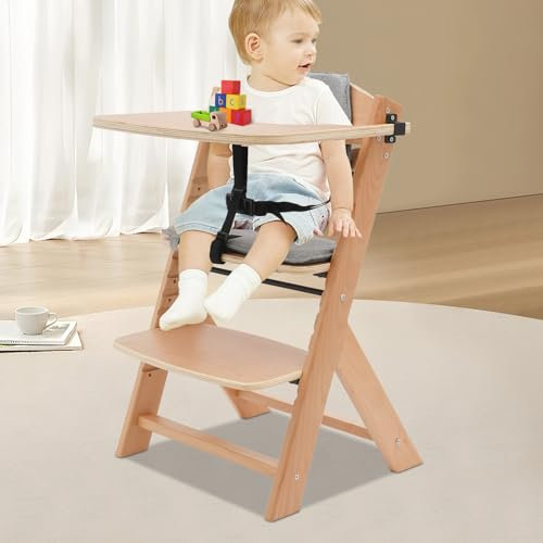Mitwachsendes Kinderhochstuhl Set aus Holz natur 11 Stufen Höhenverstellbare Baby Hochstuhl Treppenhochstuhl Sit mit Sitzkissen & Großes Essbrettfür Kinder ab 6 Monaten
