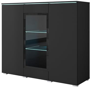 Buffet de Salon 120 cm avec Vitrine en Verre, Système Push-to-Open, Étagères Réglables et Éclairage Optionnel – Meuble de Rangement Moderne et Élégant (Noir, sans LED)