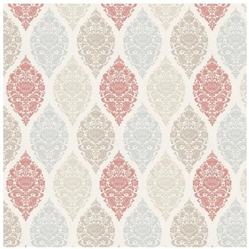 YöL Cream Blue Grey Red Beige - Damask Ogee Floral Design - Vintage Classic Contemporary Sophisticated - Feature Statement Wall - 10.05m x 52cm Roll - Paste The Wall Wallpaper
