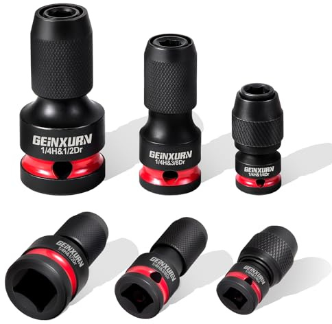 GEINXURN Lot de 6 adaptateurs de douille 1/2, 3/8, 1/4, entraînement carré vers tige hexagonale 1/4, adaptateur d'embout à dégagement rapide, douille pour clé à cliquet à frapper tournevis