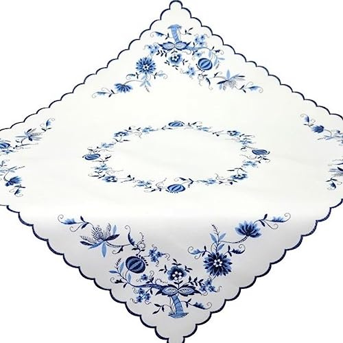 Tischdecke Weiß Küche Stoff Bestickt Mitteldecke Zwiebelmuster Blau 85 x 85 cm Tischwäsche Landhaus Pflegeleicht
