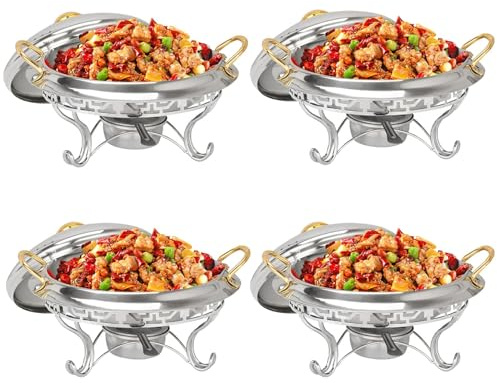 SXYKXYDL Chafing Dish Rond plaqué Or, Lot de 2/4/6, en Acier Inoxydable, avec Supports pour Combustible, idéal pour Les buffets, Les Restaurants, Les fêtes et Les Mariages (Couleur : Lot de 4).