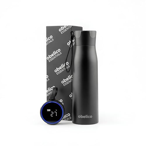 Obelico® Edelstahl Thermosflasche schwarz 500 ml - Temperaturanzeige, Trinktimer, Doppelwandig, BPA-frei, 24h kalt & 12h heiß, auslaufsicher, Isolierflasche für Sport, Büro & Outdoor