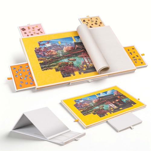 Tektalk Puzzletisch mit integriertem verstellbarem Ständer/Halterung, 3-Kippwinkel, superleichtes Filzpuzzle-Plateaubrett mit Abdeckung und 4 Sortierschubladen, für bis zu 1500 Teile - Orange