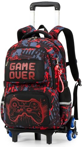 Amythe Mochila Trolley Niños 8 a 12 Años con 6 Ruedas Luminosa, Rojo | Impermeable Grande Reflectante Ligero Rojo Daypack Multi-Bolsillos Espacioso Resistente para Colegio Viaje Excursión