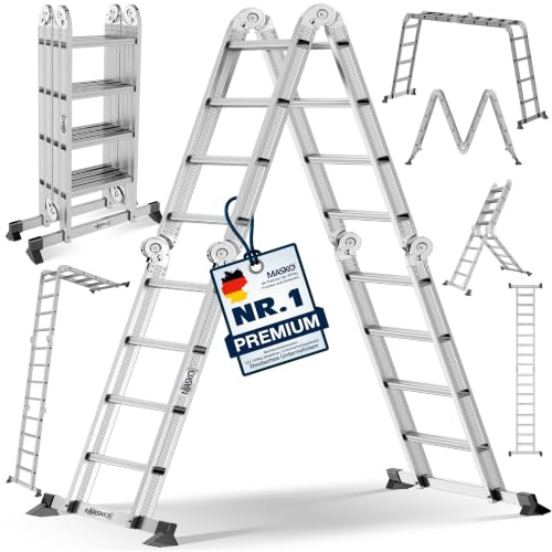 MASKO® Leiter Aluminium 4x4 Stufen, Mehrzweckleiter | - 470 cm | | 150 Kg belastbar, 6in1 multifunktional mit Verriegelung, Gelenkleiter, Anlegeleiter, beidseitige Steh- und Treppenleiter