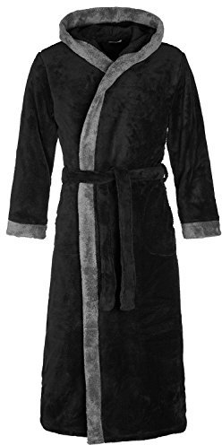 Di Vadini Unisex Herren Damen Bademantel Prato mit Kapuze I Morgenmantel flauschig I Nachtwäsche aus edler Mikrofaser Farbe: Black/Grey, Grösse: XXL
