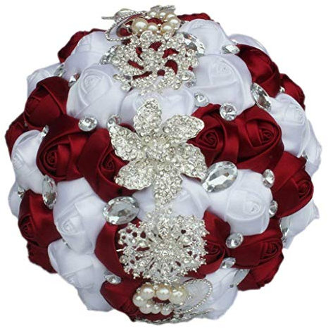 Fouriding Handgemachte Brosche Brautstrauß Braut Satin Rosen Blumen Strass Perlen Blumensträusse Hochzeit Strauß Künstliche Blumen Blumenstrauß künstlicher Rosenstrauß Deko (Weinrot Weiß)