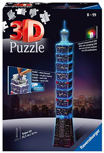 Ravensburger 3D Puzzle 11149 - Taipei 101 Night Edition - leuchtet im Dunkeln - das Financial Center und Wahrzeichen von Taipeh als LED beleuchtetes 3D Modell für Puzzlefans ab 8 Jahren
