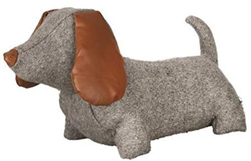 Dog Door Stop Stopper Grey Tweed & Brown Faux Leather Detail Heavy 1.5KG Animal Doorstop (Dachshund)