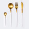 Set di posate da tavola Acciaio Inox 24 pezzi, set di posate in acciaio inossidabile con forchetta a cucchiaio, servizio per 6, lucidatura a specchio e lavabile in lavastoviglie (Bianco + Oro)