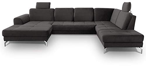CAVADORE Wohnlandschaft Benda / Große Sofagarnitur mit XL-Longchair links & Federkern / Inkl. Sitztiefenverstellung & Kopfstützen / 332 x 87 x 226 / Samt: Grau