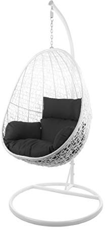 Kideo Komplettset: Hängesessel mit Gestell & Kissen, Korbsessel, Poly-Rattan (Gestell- und Korbfarbe: weiß, Kissen: schwarz Nest (9999 Black))