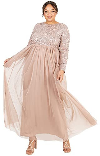 Maya Deluxe Women's Maya Deluxe Women's Maya Embellished Long Sleeve Maxi Bridesmaid Dress, Taupe Blush, 16 UK