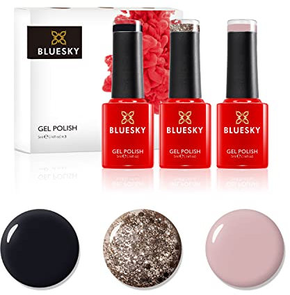 BLUESKY Gel Polish, Gel Nagellack Set, Glitter Leopard. Blindfold Qxg312, Gold KS1049, Jet Black A021. 3 x 5 ml Nude, Pastel, Rosa, Glitzer(Aushärtung unter UV-/LED Lampe erforderlich) er Pack(x)