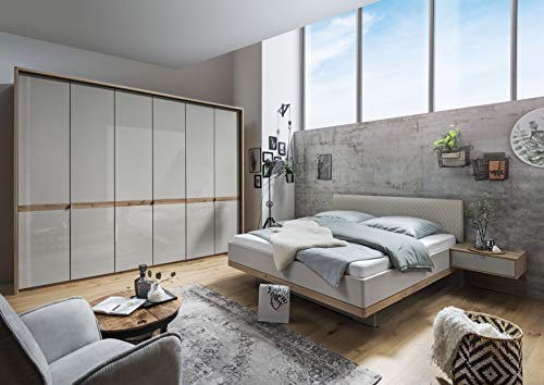 WIEMANN Barcelona Bett, Doppelbett, Bettgestell 200 x 210 cm, Bianco Eiche, Futonbett, schwebend, Komforthöhe, Kopfteil gepolstert, creme, gesteppt