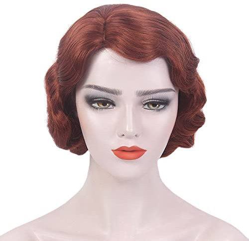 REEWES Kurze 1920er Perücke Fingerwellenperücke Lockige Kurze Perücke Vintage Perücken für Frauen Damen Synthetische Vollperücken Cosplay Kostüm Fancy Dress Flapper Perücke (Rot)