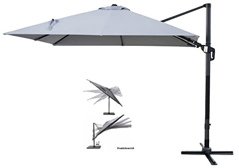 Pure Home & Garden Ampelschirm Roma 300x300 cm in hellgrau inklusive Ständer, sowohl axial als auch am Mast verstellbar, UV-Schutz 50 Plus