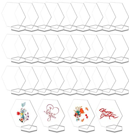 YWNYT 40 Pack Acrylic Place Cards with Holders, Hexagon Blank Table Stand Clear Acrylic Blanks Hexagon Tiles for DIY, Wedding, Dinner Parties, Guest Name, Food Signs, Banquet Events