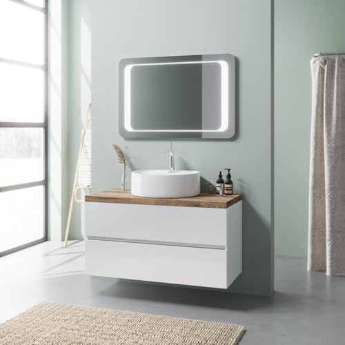 KIAMAMI VALENTINA Hängendes Badmöbel 100 cm Weiß Glanz Waschbecken | LED-Spiegel 90x60 cm, Eichenplatte, 2 Schubladen, weißes Keramikbecken, Soft-Close, IP44