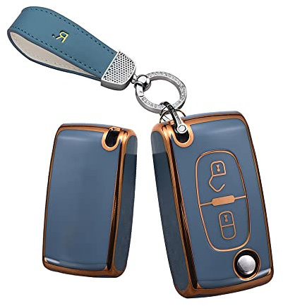 HIBEYO Coque de clé de Voiture Pliable pour Peugeot 207 307 407 308 Coque de Protection en Silicone TPU pour Citroën C1 C2 C3 C4 Boxer pour Peugeot 207 307 308 Clé Pliante Télécommande 2 Boutons Gris