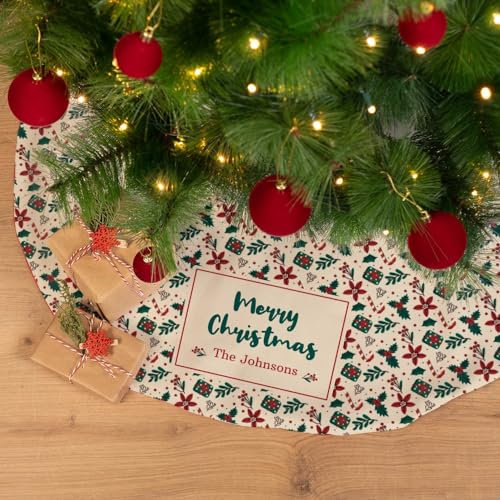 Wanapix | Personalisierter Weihnachtsbaumrock mit Name | Weihnachtsbaum-Teppich | Weihnachten Deko | Panama-Stoff | Rund 90 cm Ø | Frohe Weihnachten