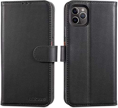 LENSUN Echtleder Hülle für iPhone 11 Pro Max, Handyhülle Flip Cover [Echtes Leder][Kartenfach][RFID Schutz] Handytasche Lederhülle für iPhone 11 Pro Max - Schwarz