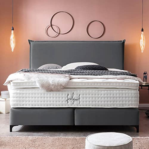 Premium Boxspringbett 160x200 London Velours, mit Visco-Topper, Doppelbett, Hotelbett, ohne Bettkasten, 7 Zonen Taschenfederkern-Matratzen, Aufbau KOSTENLOS (Dunkelgrau, 160x200 cm mit Topper)