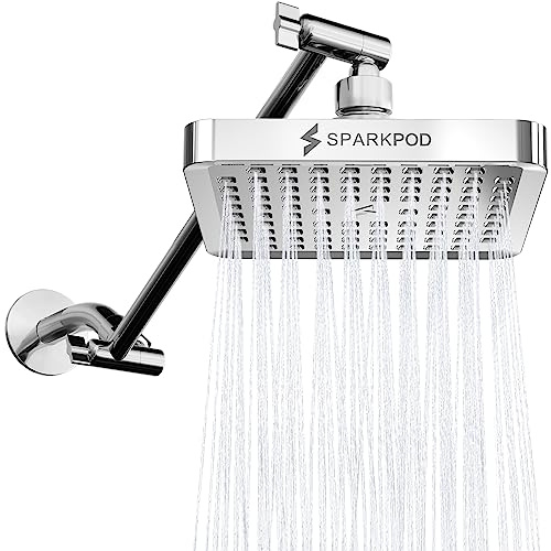 SparkPod Square Rain Shower Head with Extension Arm - Height Adjustable Shower Head with High Pressure Performance - Easy Installation in 1 Minute (28cm Arm Extension, Luxury Polished Chrome)
