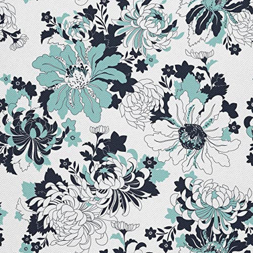 HEKO PANELS Stoff Oxford Wasserdichte Meterware Canvas-Stoff Polyester Stoff Zum Nähen Nähstoffe Möbelstoffe Dekostoffe Wasserabweisend Blickdicht Blumen Türkis Dunkelblau 1 Meter 155 x 100 cm