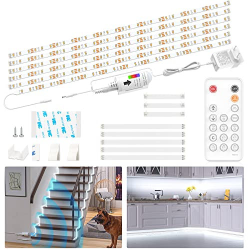 WOBSION Ruban LED Blanc avec Détecteur de Mouvement, Lampe de Placard Blanc Froid 3M 6000K, 6 x 50CM Ruban Led Cuisine Sous Meuble pour Meubles, Escalier, Placard, Cuisine, Étagère 1500LM