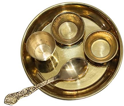 BRACOP® Messing Bhog Thali-Set 5-teiliges rundes Tablett Hindu Pooja Samagri rund dekoratives Tablett Servierplatte Pooja Thali Set Heimtempel-Zubehör Messingplatten 5er-Set indisches Geschenk