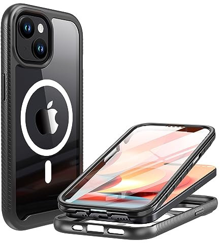 PlusAcc Magnetic Hülle für iPhone 15 6.1 Zoll - 360 Grad Schutz mit integriertem schutzfolie Militärnorm hardcase, Kompatibel mit MagSafe iPhone 15 stoßfest Clear handyhülle (Schwarz)