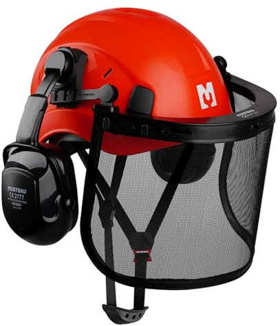 Mustbau Chainsaw Safety Helmet, Protective Helmet with Earmuffs and Mesh Visor, 53 to 63 cm Adjustable Headband Suitable for Forestry, Construction, Work