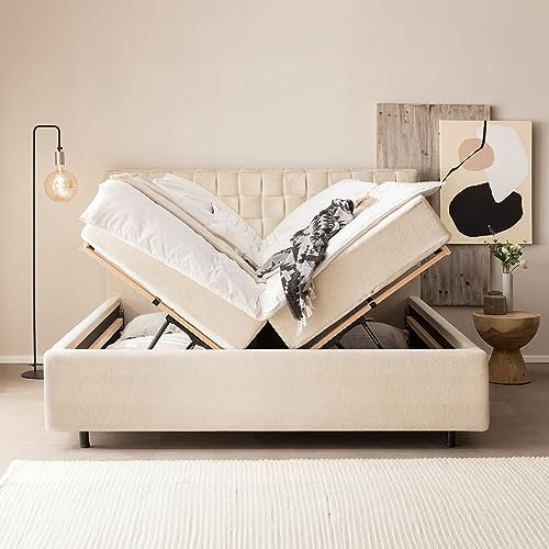 Bett mit Bettkasten 160x200 Barcelo Teddystoff, mit Matratze, Lattenrost, XXL Stauraum, Designer Polsterbett, Doppelbett, Aufbau KOSTENLOS (Creme, 160x200 cm mit Matratze)