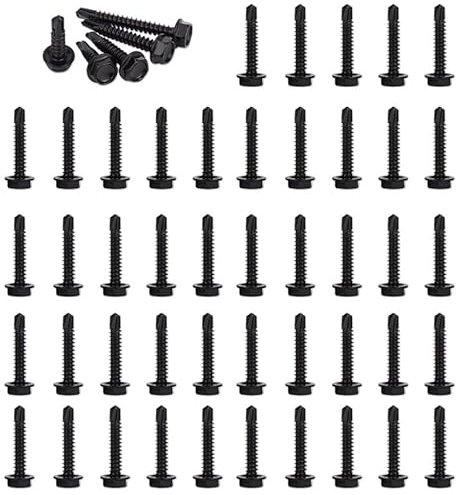 Schwarze selbstbohrende Schrauben M4,2 x 45 mm, Flansch-Sechskant-Unterlegscheibenkopf, 410 Edelstahlschrauben, selbstschneidende Befestigungsschrauben für Kunststoff, Holz, Möbel, Metall und