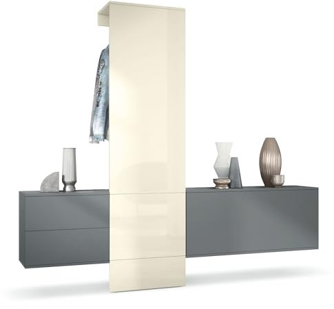 Vladon Garderobe Carlton Set 1, Made in Germany, Flur-Garderobe aus Deko-paneel, Schubladen-Kommode & Schuhschrank, Anthrazit matt/Creme Hochglanz (209 x 193 x 35 cm)