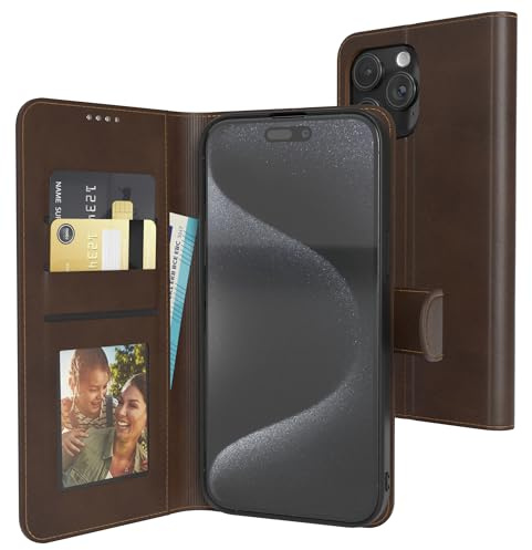 EAZY CASE - Klapphülle für iPhone 15 Pro Max Hülle klappbar mit Kameraschutz Schutzhülle magnetisch Case Standfunktion Kunstleder Klapptasche Kartenfach Sichtfenster für Foto Premium Handyhülle Braun