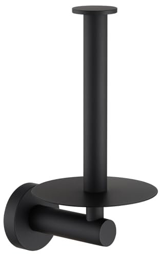 Vertical Tray Toilet Paper Holder, Aomasi 304 Stainless Steel Tissue Roll Hanger with Round Plate, Matte Black Bathroom Kitchen Paper Roll Dispenser Wall Mounted