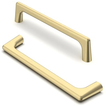Furniware Satin Brushed Brass Cabinet Pulls - Pack of 10, 128mm (5 Inch) Hole Center, Kitchen Handles