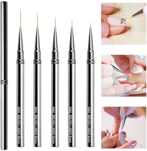 5 Pièces Pinceau Nail Art Ongles Professionnel, 6/9/12/15/18mm Pinceaux en Détail à Ongles avec Capuchon, Ultra Fin Nail Art Liner Brushes avec Manche en Métal, pour DIY Nail Art Peinture
