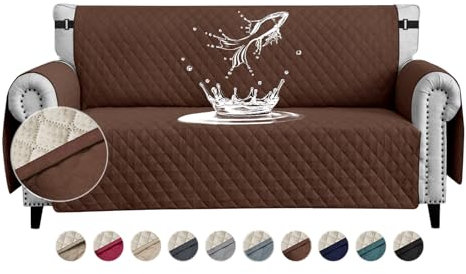 FIGOOO wasserdichte Sofabezug 4 Sitzer Dicke Sofaschoner Wasserdicht Reversible Gesteppte Sofa Überzug mit Seitentaschen Sofaüberwurf rutschfest Kratzfest für Haustiere Hunde Katzen,Dunkelbraun